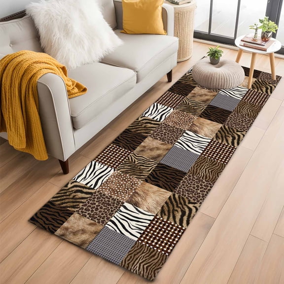 Animal Print Washable Runner Rugs 2'x6', Rustic Leopard Zebra Tiger Stripes Plaid Low Pile Throw Entryway Rug Non-Slip Sturdy Edge Binding Carpet for Indoor Bedside Entrance Bedside