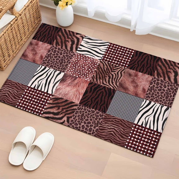 Animal Print Washable Small Entryway Area Rugs 2'x3', Rustic Leopard Zebra Tiger Stripes Plaid Red Low Pile Throw Rug Non-Slip Sturdy Edge Binding Carpet for Front Door Floor Room Entry