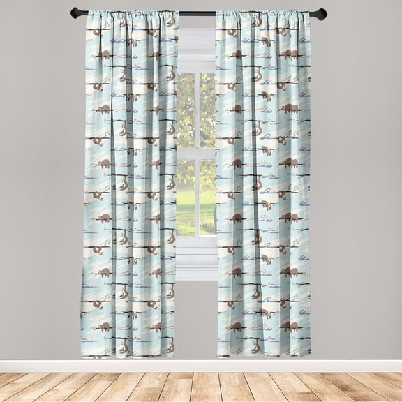 Animal Print Window Curtains, Funny Lazy Sloths on Branches and Clouds Sky Cartoon Design, Lightweight Decor 2-Panel Set with Rod Pocket, Pair of - 28"x63", Soft Blue Cocoa and White, by Ambesonne
