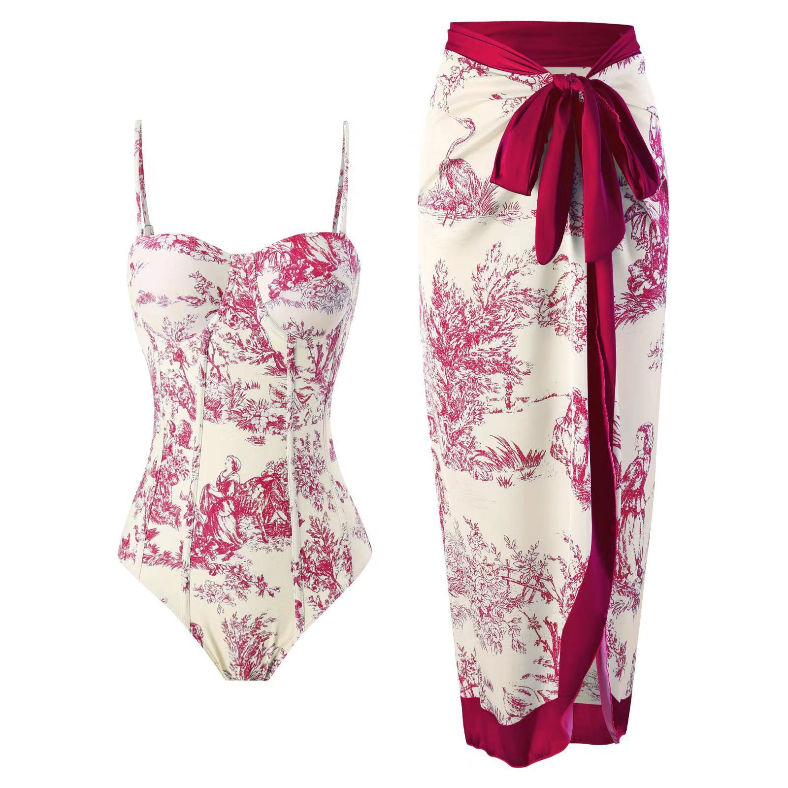 FYMNSI Women's One Piece Swimsuit With Sarong Wrap - Floral Print Bathing Suit Set With Cover Up Skirt