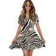 thumbnail image 1 of Animal Print Zebra Leopard Women Dress V-Neck Short Sleeve Flowy Swing Party Midi Dress, 1 of 4
