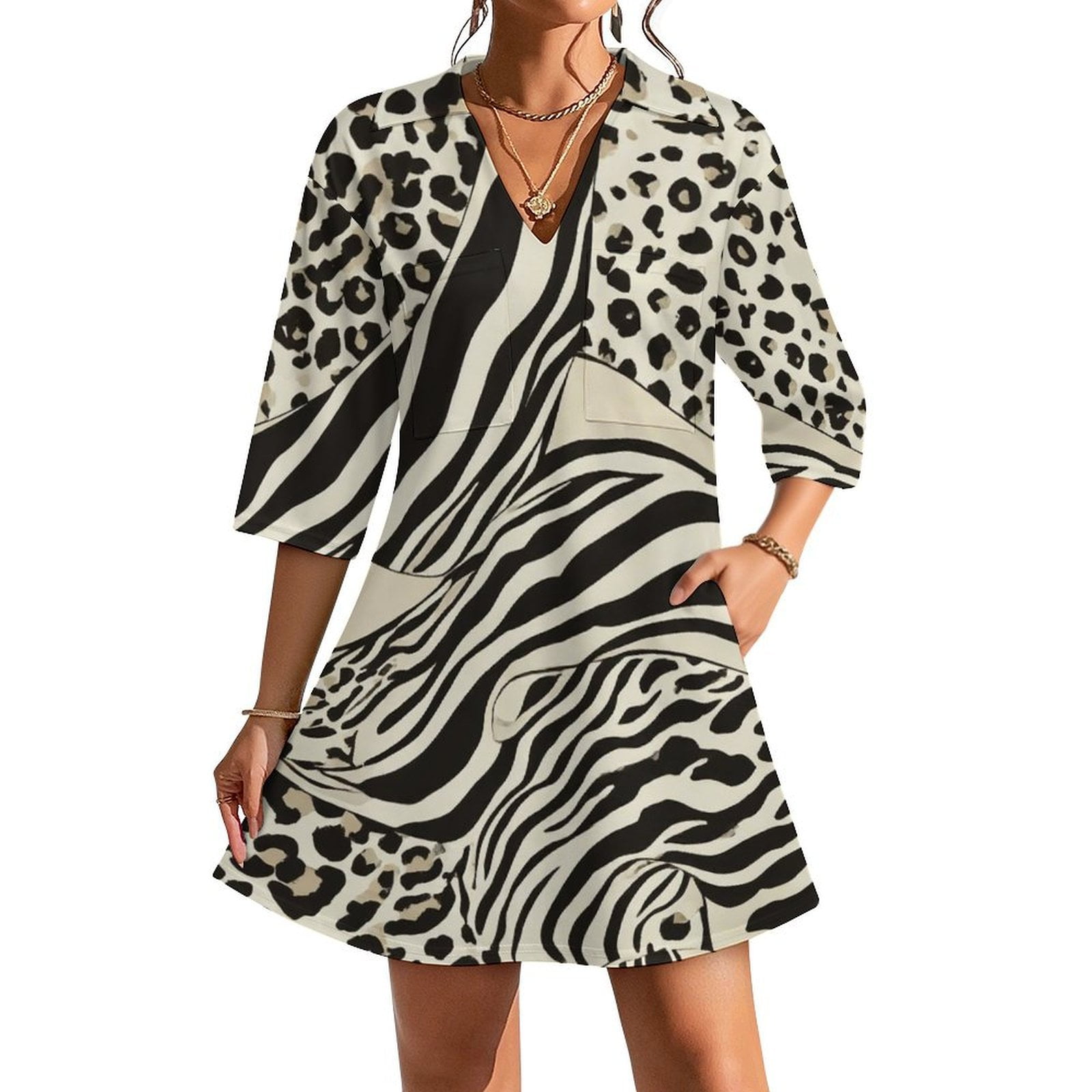 Animal Print Zebra Leopard Womens Dress With Pockets Summer V Neck 3/4 ...