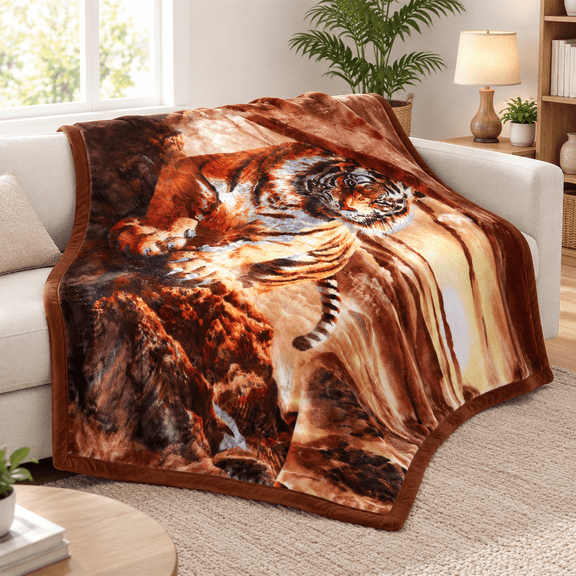 Animal Printed - Tiger & Horse King Size 87x94 Raschel Fleece Bed Blanket