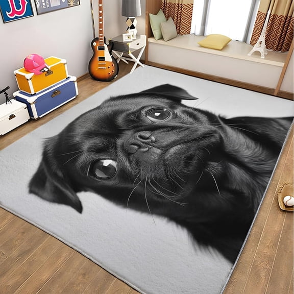 Animal Pug Area Rugs, Black Dog Carpet, Washable Non Slip Low Pile Soft Rug for Living Room Bedroom Office Home Decor Mat 5x8ft