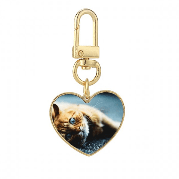 Animal Pure Blue Eye Cat Photograph Gold Heart Keychain Metal Keyring Holder