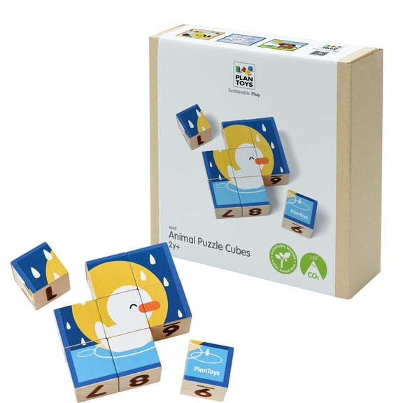PlanToys Animal Puzzle Cubes Wooden Picture Block Puzzle for Kids Ages 3+ | Montessori Educational Toy that Builds Creativity, Problem-Solving & Cognitive Skills | Eco-Friendly Learning Toy