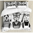 thumbnail image 1 of Animal Queen Size Duvet Cover Set, Hipster Panda Bear Cigar Fox and Rabbit Glasses in Human Clothes Illustration, Decorative 3 Piece Bedding Set with 2 Pillow Shams, Black Grey White, by Ambesonne, 1 of 3