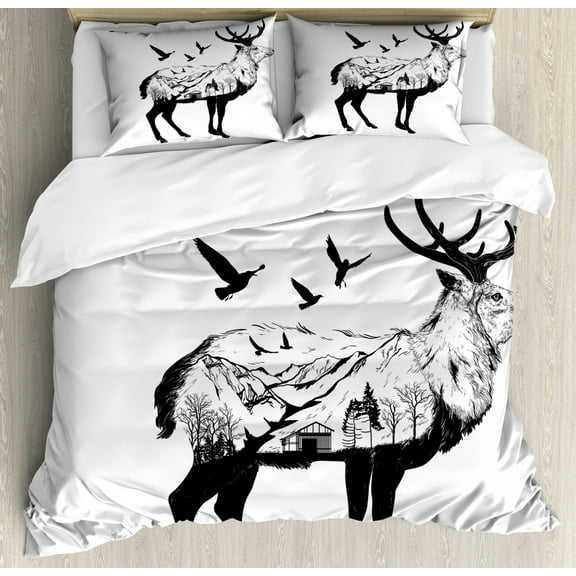 Animal Queen Size Duvet Cover Set, Mountain and Cottage Scene in Hand Drawn Birds Countryside Wildlife Themed Print, Decorative 3 Piece Bedding Set with 2 Pillow Shams, Black White, by Ambesonne