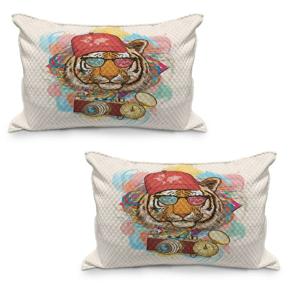 Animal Quilted Pillowcover Set of 2, Hipster Rapper Tiger Sunglasses Hat and Camera Artist Hippie Comic Print, Standard Queen Size Pillow Cover for Bedroom, 36" x 20", Multicolor, by Ambesonne