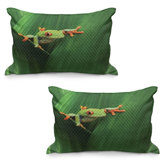Animal Quilted Pillowcover Set of 2, Red Eyed Frog Between Exotic Macro Big Leaves Wild Nature Night Animal Vivid Colors, Standard Queen Size Pillow Cover for Bedroom, 36" x 20", Green, by Ambesonne