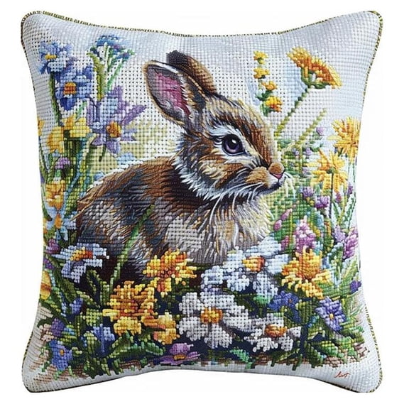 Animal Rabbit 11CT Cross Stitch Pillow Kit,Flowers and Grass Cushion Embroidery Kit Cross Stitch Cushion Cover pre Printed Handmade Cushion Cover Kit 17*17 in