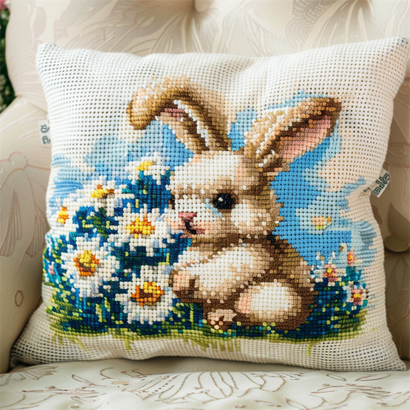 Animal Rabbit Cross Stitch Pillow Cases Kit , 45X45cm , DIY Needlepoint Handmade Embroidery Kit Home Decoration for Bedroom Sofa (11 Count)