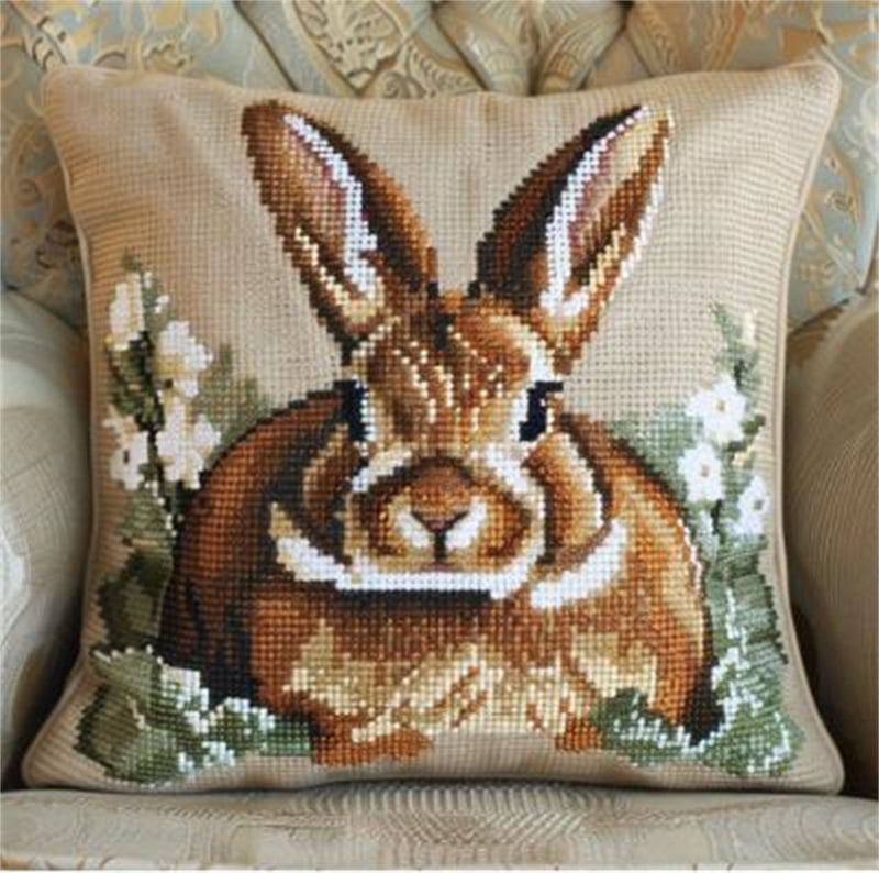 Animal Rabbit Cross Stitch Throw Pillow Case Kits , 45X45cm , Cross Stitch Kits for Kids (11 Count)
