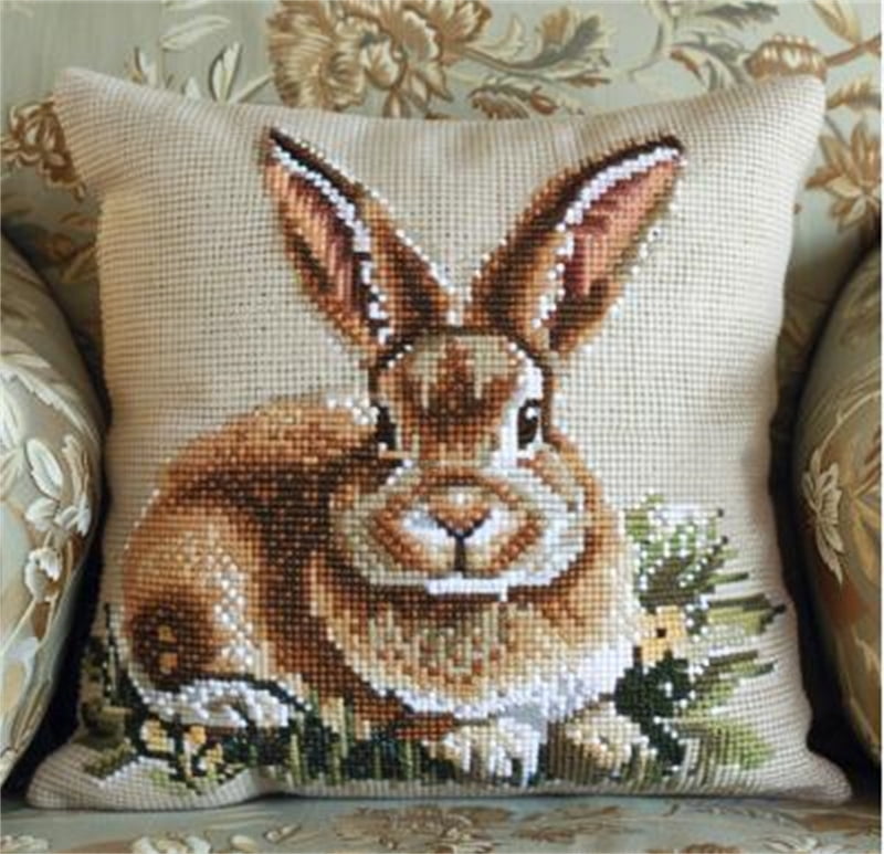 Animal Rabbit Printed Cross Stitch Pillow Case Kits , 45X45CM , Cross Stitch Kits for Beginner (11 Count)