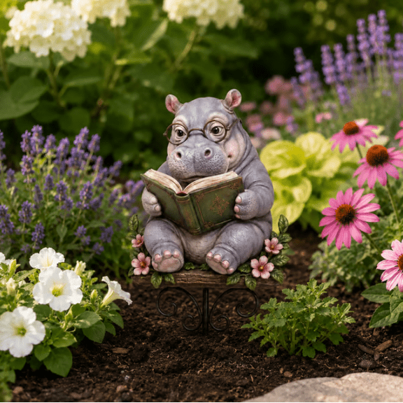 Animal Reading Garden Stake , Cute Wildlife Reader Outdoor Lawn Decor Set for Rustic Cottage Backyard Display(Hippo)