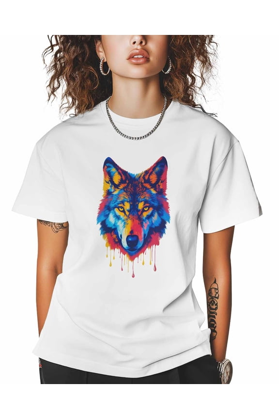 Animal Realistic T Shirts for Women Short Sleeve Cotton Crewneck T-Shirt Wolf Colorful Tee Tops Casual Basic T-Shirts, XS-5XL White L