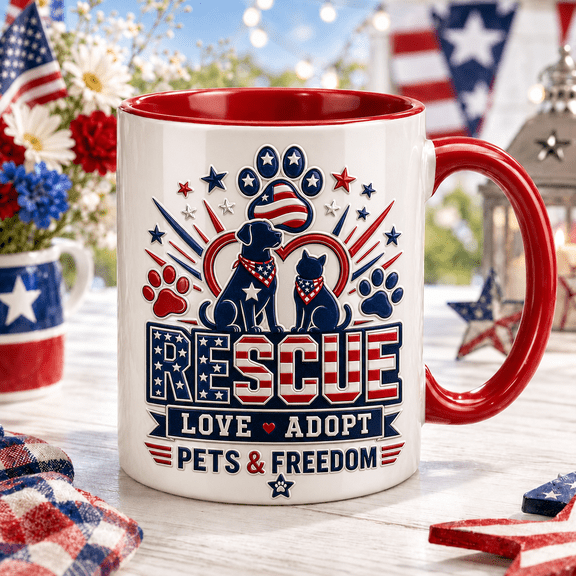 Animal Rescue Mug Patriotic Pet Lover Gift, Rescue Love Adopt Pets Coffee Cup