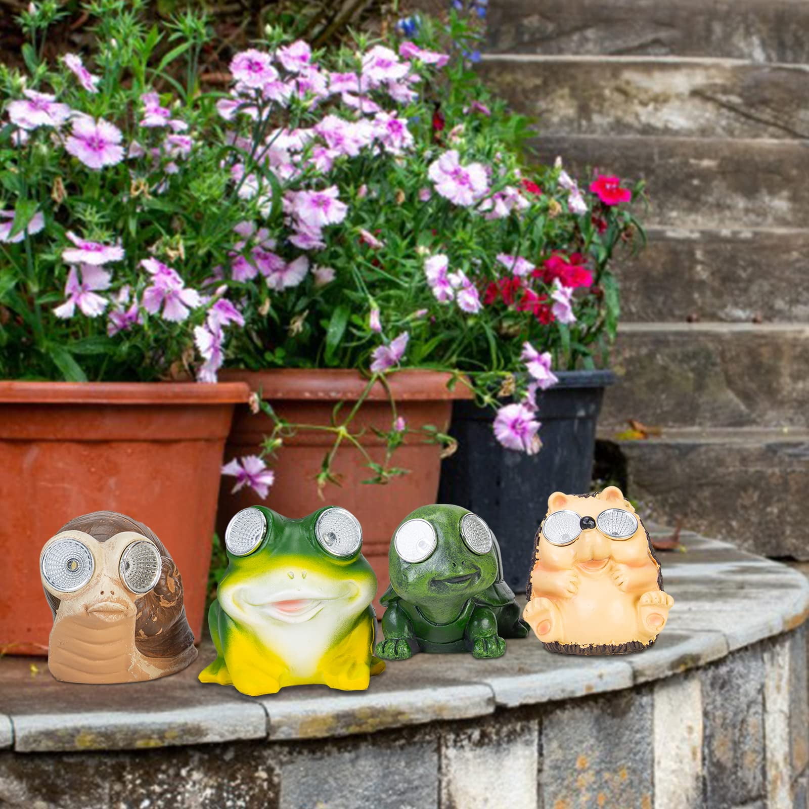 Animal Resin Statues with AIF4 Solar Light, 4 Pcs Garden Statues with LED Eyes, Turtle Snail