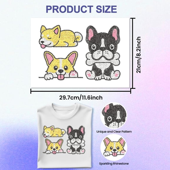 Animal Rhinestone Iron on Transfer Corgi and French Bulldog Bling Diamond Hotfix Patches for Clothes 11.6"x8.2" Large Iron On Sequin Applique for Jeans Jacket Bag T-Shirts Shoes DIY Decor