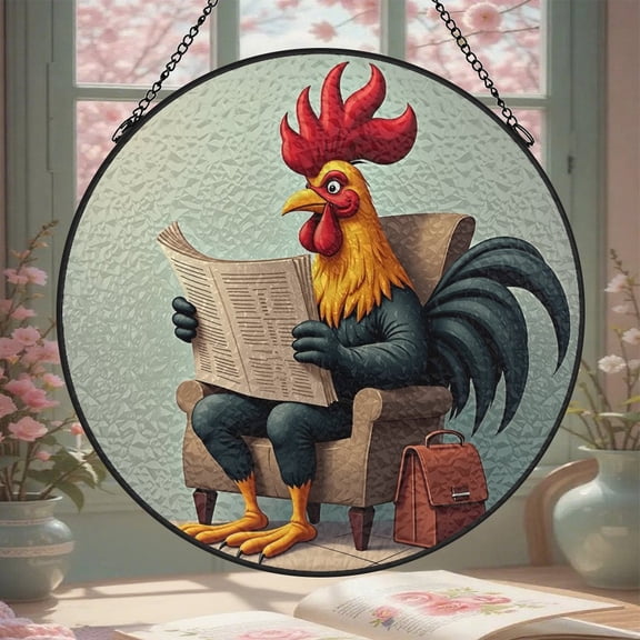 Animal Rooster Reading Stained Glass Window Hanging 8 Inch Suncatcher Glass Panel with Chain Round Sun Catchers Indoor Wall Art Home Decor Gift for Lovers Couples Women Mother's Day