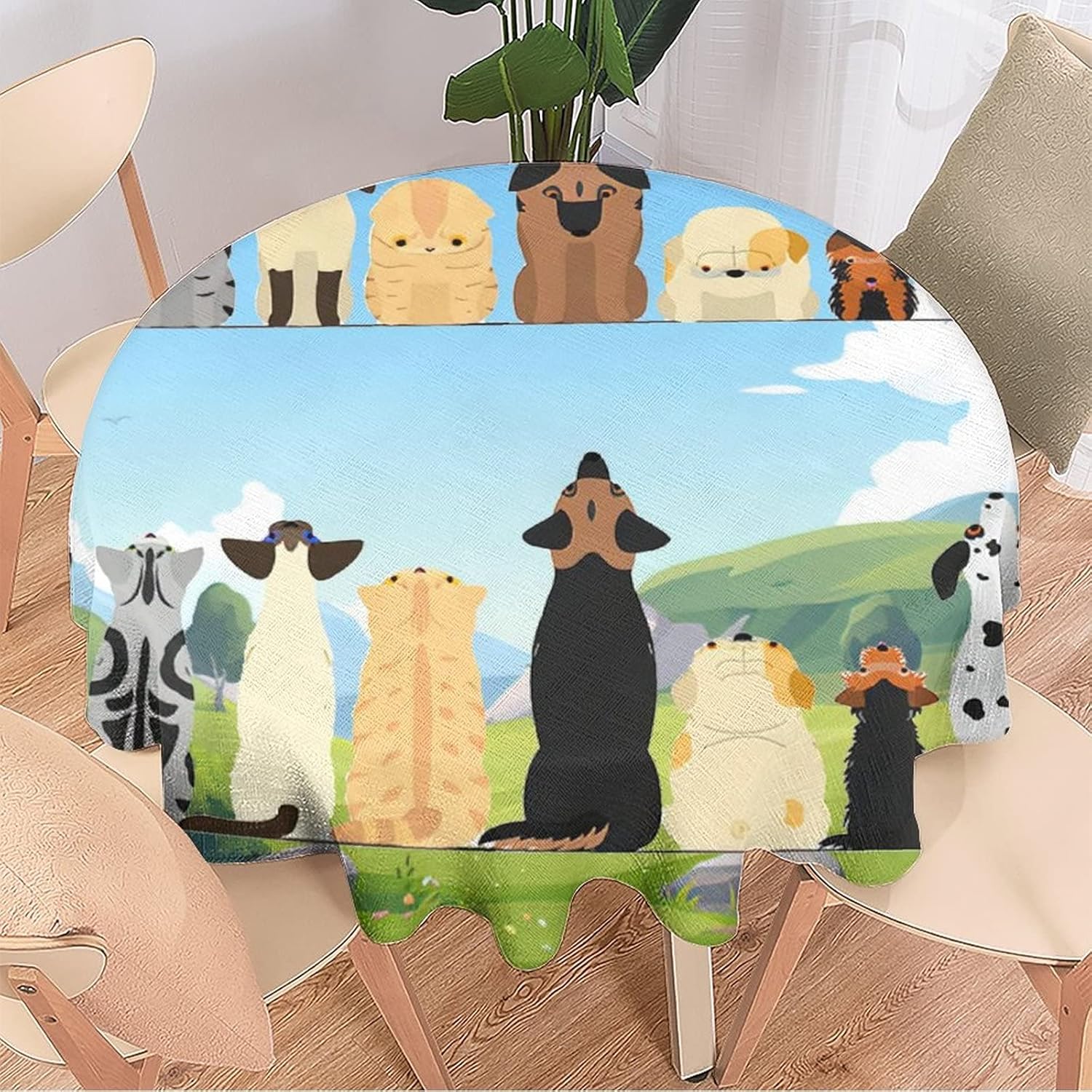 Animal Round Tablecloth Table Cover with Cute Cartoon Dogs and Cats