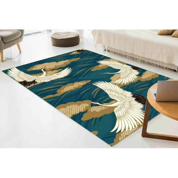 Animal Rugs, Japanese Rug, Salon Rug, Personalized Gifts Rugs, Japanese Art Crane Birds Rugs, Abstract Rug, Anti-Slip Carpet Rug, 2.6'x5' - 80x150 cm