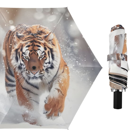 Animal Running on The Snowfield All Weather Umbrella Triple Folding Parasol 6 Ribs UV Protection Portable