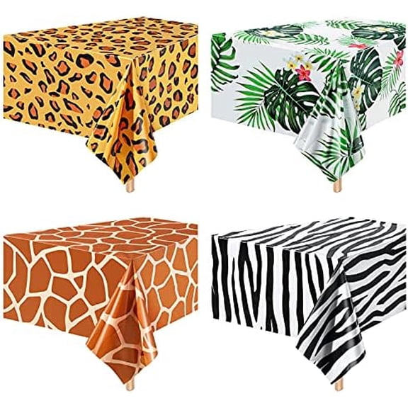 Animal Safari Tablecloth Jungle Animal Theme Tablecover Tiger Zebra Giraffe Print Table Cover Tropical Leaf Tablecloth Party Supplies for Jungle Safari Birthday Baby Showers (Greenery Style, 4 Pcs)