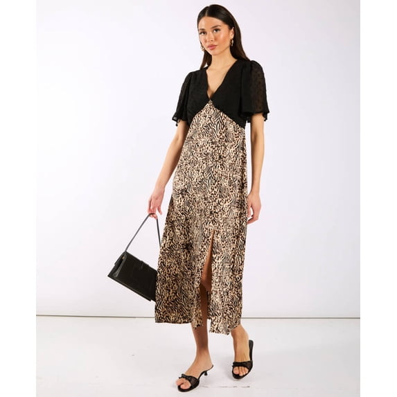Animal Satin Mix Flutter Sleeve Midi Dress