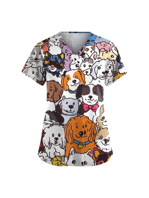 Animal Scrub Tops Women Cute Cartoon Print Medical Scrub Tops Fun Plus Working Uniform — Dinosaur Dog Cat Alpaca Etc Orange M