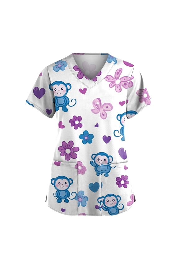 Animal Scrub Tops Women Cute Cartoon Print Medical Scrub Tops Fun Plus Working Uniform — Dinosaur Dog Cat Alpaca Etc White L