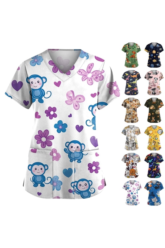 Animal Scrub Tops Women Cute Cartoon Print Medical Scrub Tops Fun Plus Working Uniform