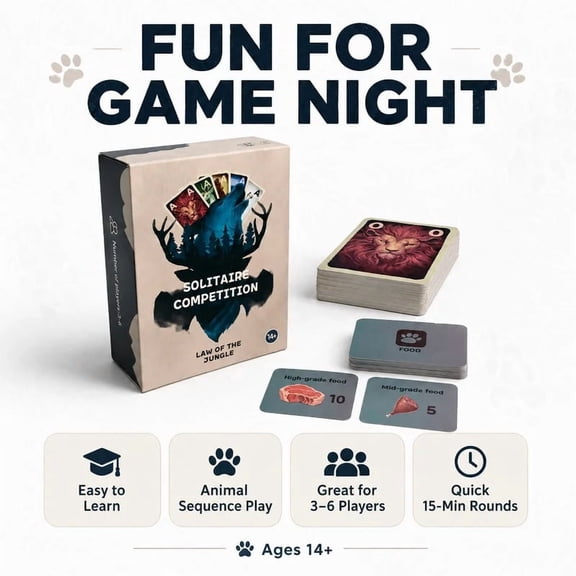 Animal Sequence Card Game, 3-6 Players, 15-Minute Strategy Game with Animal Cards, Food Cards and Manual, Age 14+