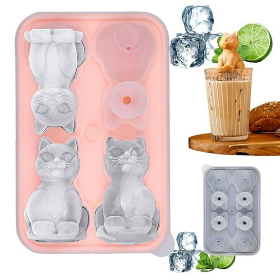 Animal Shape Silicone Ice Cube Tray,Cat Design with Lid for Iced Coffee,Pink