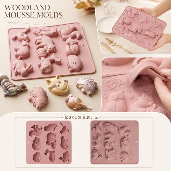 Animal Shaped Baking Accessory, -Grade Silicone Baking Molds, Silicone Molds for Chocolate, Chocolate Silicone Molds, 9X9X1 Inch Forest Creature Squirrel Fox Hedgehog Mousse Diy