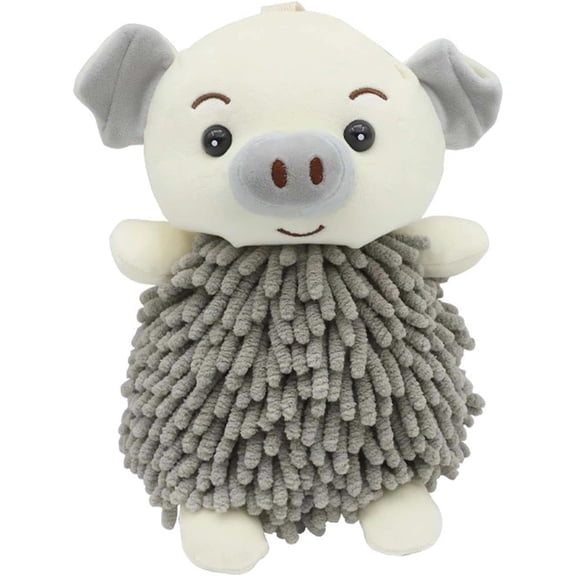 Animal Shaped Chenille Hand Towel, Super Absorbent Chenille Towel Ball, Absorbent & Quick Drying with Hook, Decorative for Bathroom Kitchen (Gray Pig)