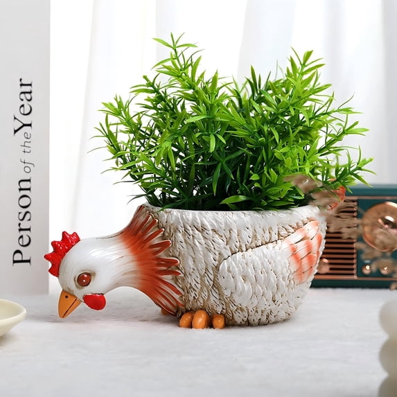 Animal Shaped Flower Pot, Rooster Resin Planter for Succulents - Decorative Garden Container for Indoor Home, Office Desk, Backyard and Easter Decoration Gift