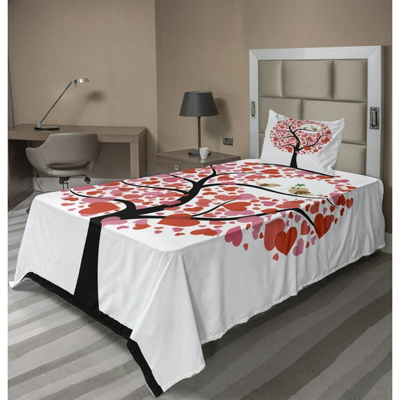 Ambesonne Bird Fitted & Top Sheet Set with Sham, Nature Flirting Birds, Red White Black