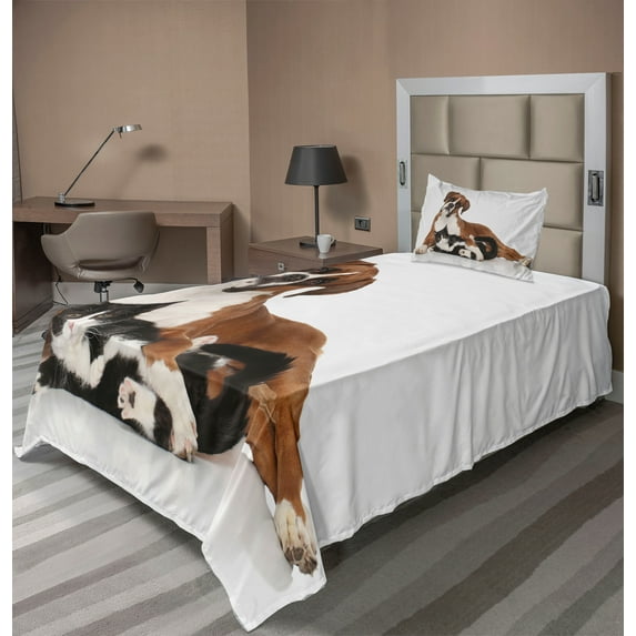 Ambesonne Animal Fitted & Top Sheet Set with Sham, Cat Dog Friends Portrait, Brown Black White