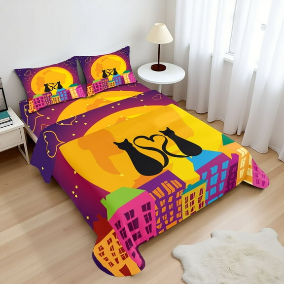 Ambesonne Cat Fitted & Top Sheet Set with Shams, Cats on the Roof Heart, Purple Orange