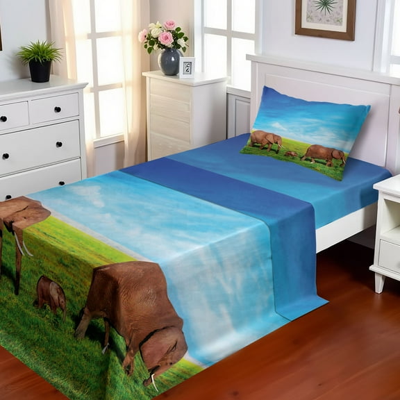 Ambesonne Savannah Fitted & Top Sheet Set with Sham, Animal Family African View, Green Brown and Blue