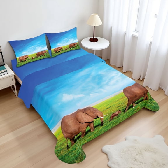 Ambesonne Savannah Fitted & Top Sheet Set with Shams, Animal Family African View, Green Brown and Blue