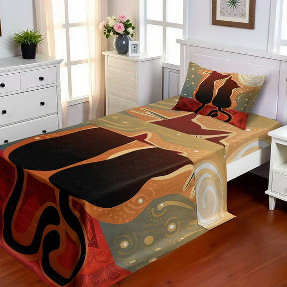 Ambesonne Cat Fitted & Top Sheet Set with Sham, Moon in a Starry Sky Love, Sage Green Orange