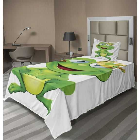 Ambesonne Colorful Fitted & Top Sheet Set with Sham, Crown Frog Prince, Multicolor