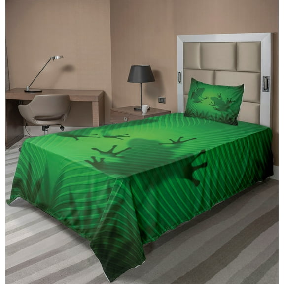 Ambesonne Green Fitted & Top Sheet Set with Sham, Tropic Banana Tree Leaf, Green