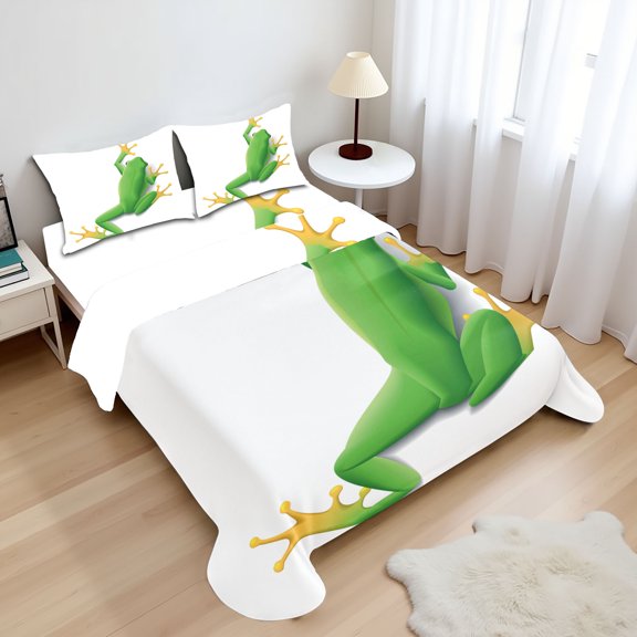Ambesonne Frog Fitted & Top Sheet Set with Shams, Tropic Frog in Nature, Green White Yellow