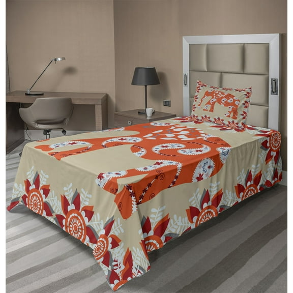 Ambesonne Animal Fitted & Top Sheet Set with Sham, Orange Flower Blossoms, Orange White and Red