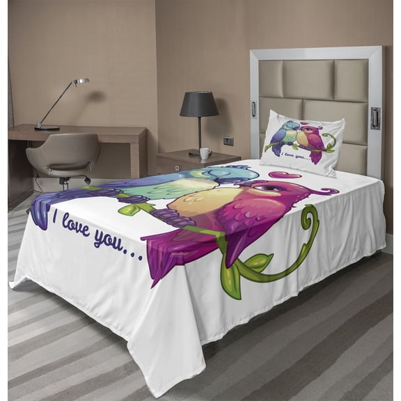 Ambesonne Parrot Fitted & Top Sheet Set with Sham, Branch with Heart, Pink Teal White