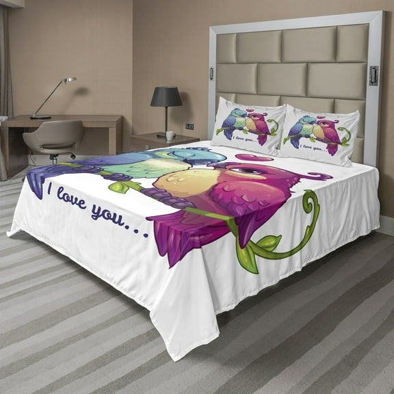 Ambesonne Parrot Fitted & Top Sheet Set with Shams, Branch with Heart, Pink Teal White