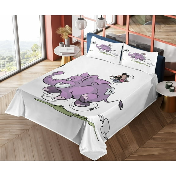 Ambesonne Animal Fitted & Top Sheet Set with Shams, Playing Soccer, Purple White